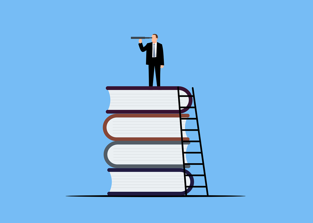 ilustracion de hombre sobre libros con un telescopio